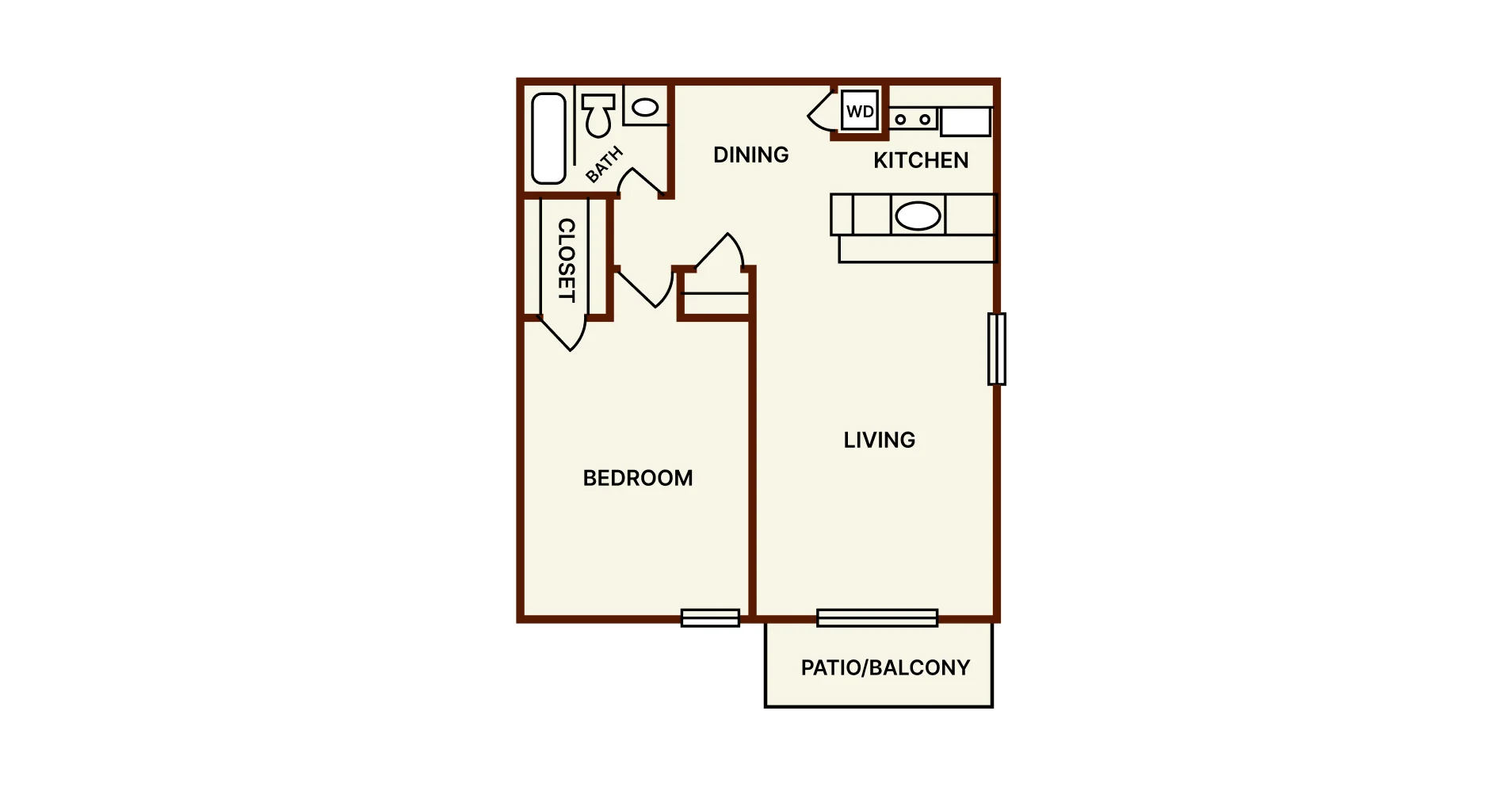 1x1 · 1 Bedroom · 1 Bath floor plan at Highland Park Apartment Homes